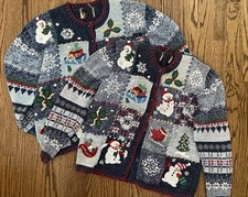 Vintage Couples Ugly Christmas Sweater Busy Blue Holy Grail His And Hers L XL