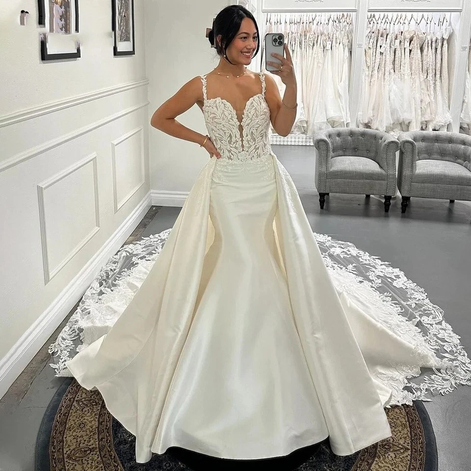 Detachable Train Wedding Dresses Champagne Mermaid Off Shoulder Lace Bridal Gown - Image 3 of 4