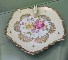 Hand Painted Tidbit Porcelain Dish w/Handle: 7",Leaf Shape, France