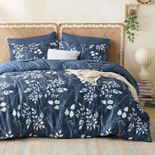 Comforter Set - 7 Pieces Floral Navy Soft Bedding Sets Queen Bed in a Bag Botani