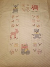 Embroidered ABC ANIMALS Baby Crib Quilt Blanket Wall Decor 59" 42" White