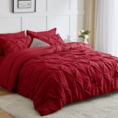 Red Comforter - 7 Pieces Bed in a Bag Pintuck Size Comforter Full Dark Red