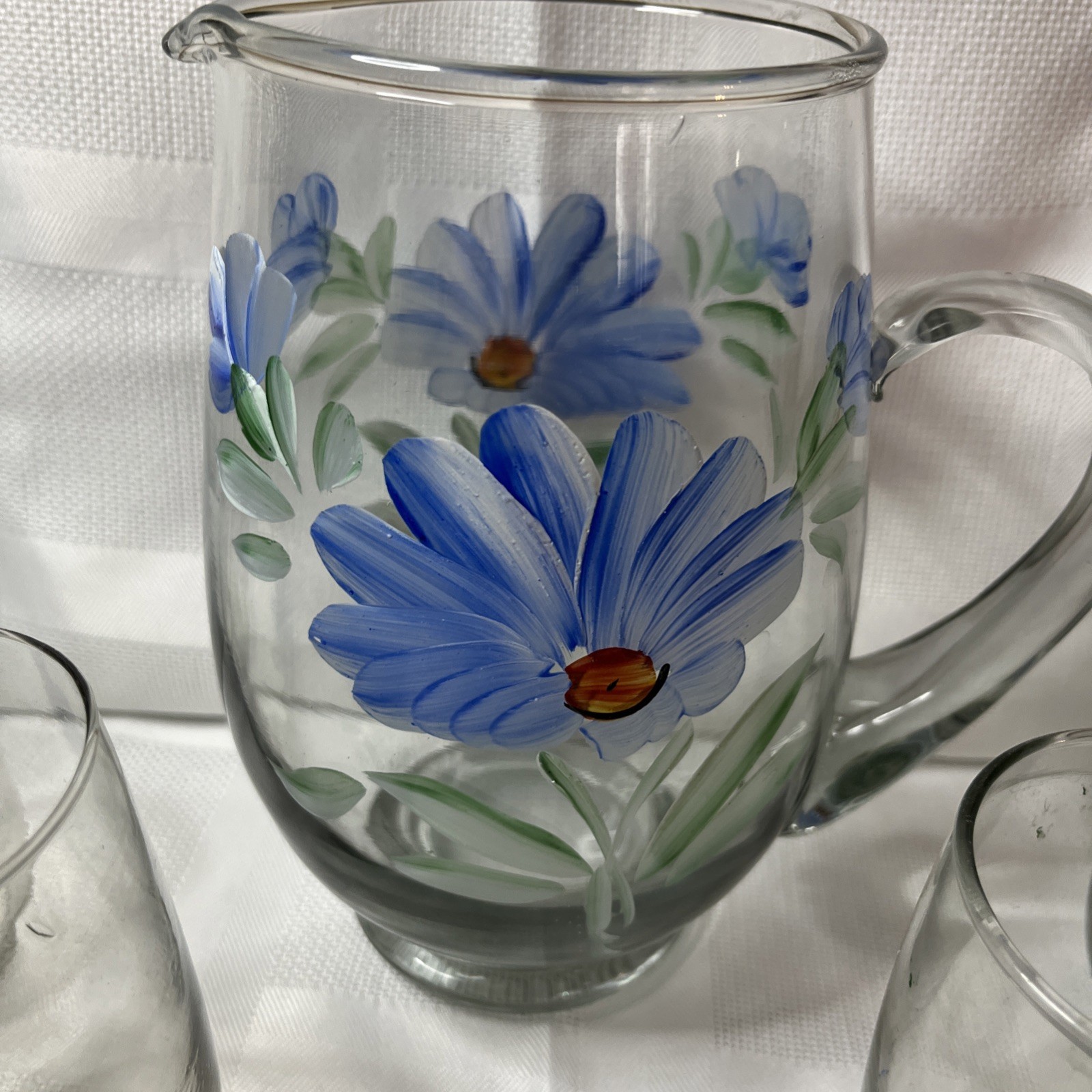 Set of 6 Hand Painted  Pitcher and Drinking Glasses Vintage