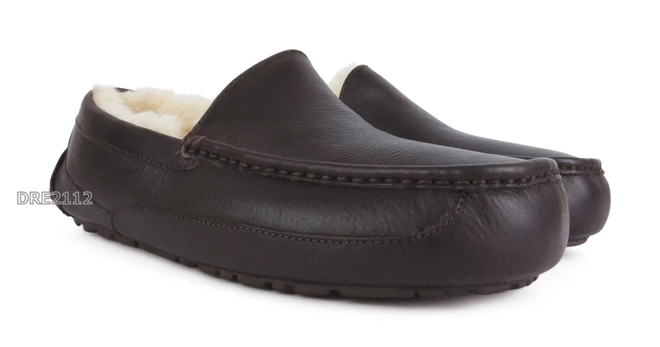 UGG Ascot China Tea Brown Leather Fur Slippers Mens Size 8 *NIB* - Image 2 of 4