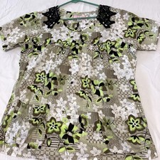 Koi SCRUB TOP Green Floral TROPICAL POCKETS LACE SHOULDERS LARGE