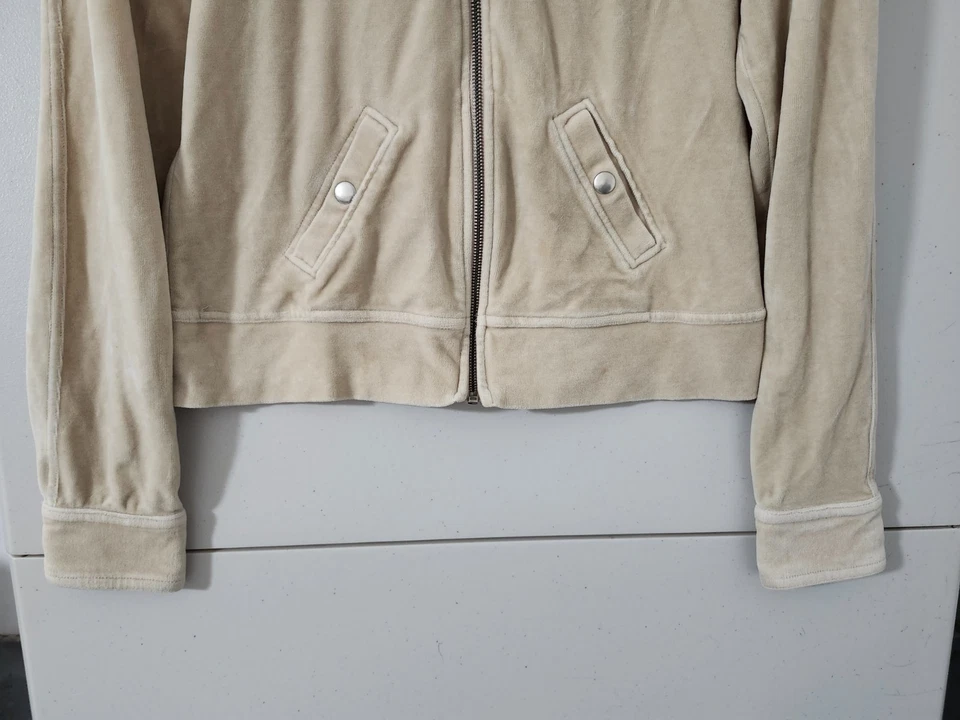 Chaqueta Bebe Mujer L Beige Moto Crop Cremallera Terciopelo Mezcla Algodón Bolsillo Y2K De Colección EE. UU. Foto 2 de 4