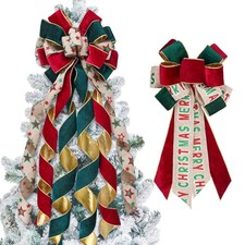 2Pcs Christmas Tree Topper Bow Set, Large  Small Red Green Gold Velvet Ribbo...