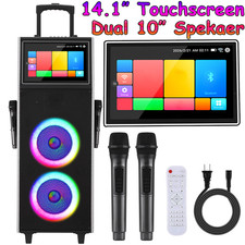 Dual 10" Rechargeable Karaoke Machine BT Speaker w/ 2 Mics  14.1" Touchscreen