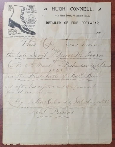 Ca. 1900 Note Attesting Authenticity of Cap worn during 1st Battle of Bull Run