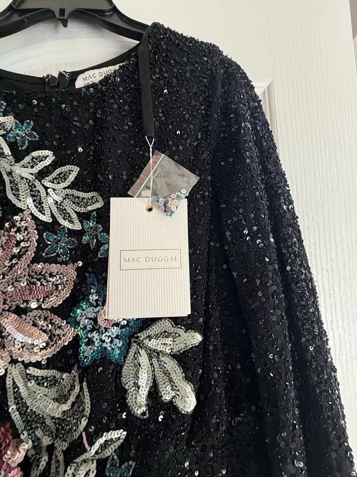 MAC DUGGAL FLORAL APPLIQUÉ LONG SLEEVE ILLUSION GOWN Sage- Size 14 #LD01 - Image 3 of 4