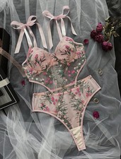 Floral Embroidered Ultra Sheer Pink Teddy