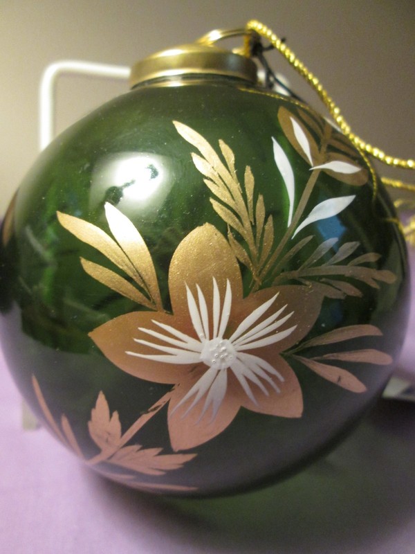 Vintage Kugel Style Green w/Gold Floral Design Glass Christmas Ornament