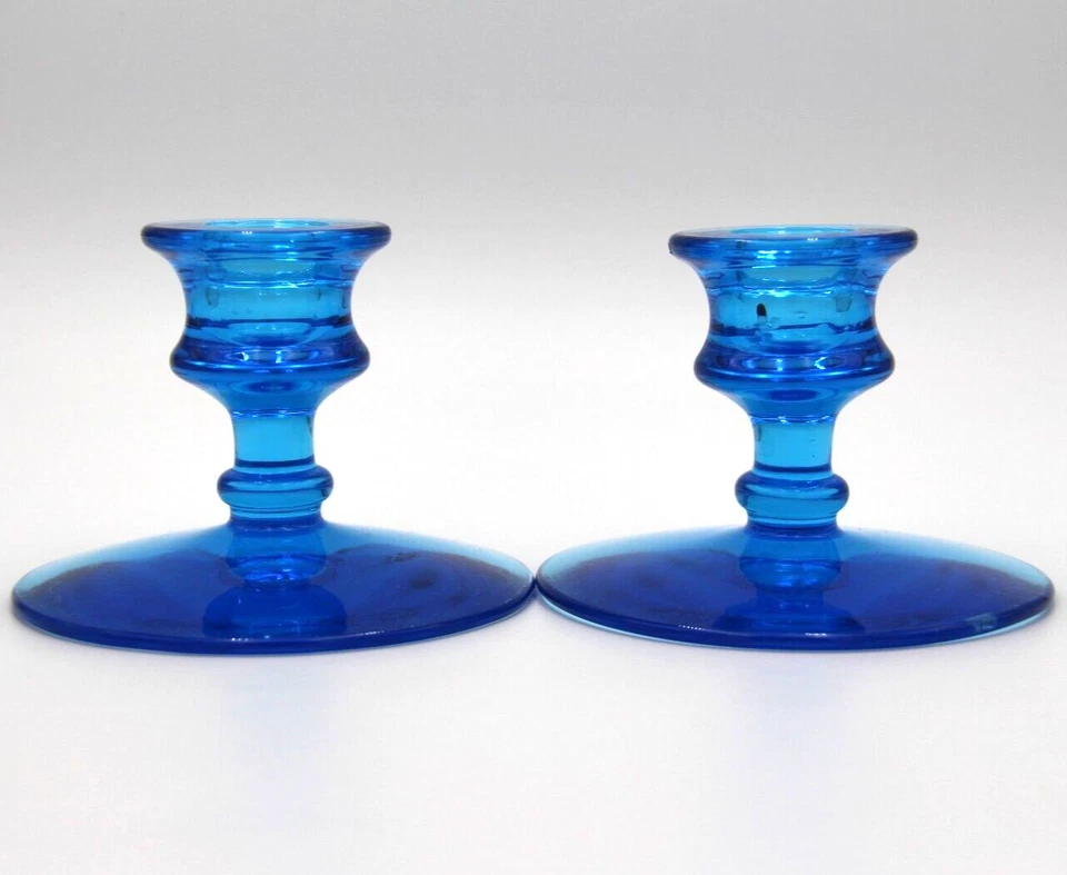 1925-1927 FOSTORIA Glass Electric Blue 3" Candle Holders 2324 Made in USA - image 3 of 4