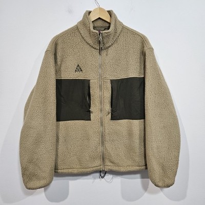 Nike Acg Sherpa Micro Fleece Jacket Mens Small Beige & Khaki Green Colourblock