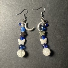 Whimsical Celestial Moon Dangle Earrings Butterfly Blue White Twee Star