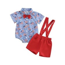 Baby Boy 4th of July Outfit American Flag Short Sleeve Button 6-12 Months Blue