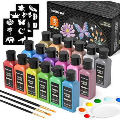 Shuttle Art Textilfarben Set 18 Metallic Farben mit Pinseln Vorlagen