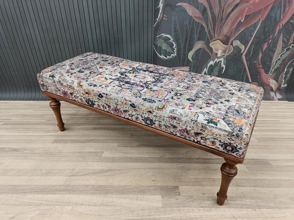 Handmade Ottoman Rug Bench - Narrow Upholstered Entry Seat - Piano Pouf - Image 2 of 4