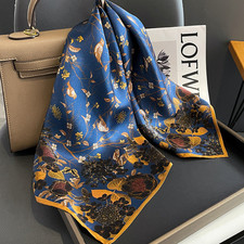 100 Silk Mulberry Shawl Scarf Bandanna Square 65X65cm Blue leaf Print Wrap new