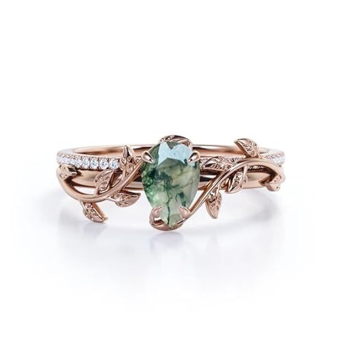 925 Sterling Feminine Leaf-inspired 1.25 carat Pear Moss Agate, and Moissanite - Picture 2 of 7