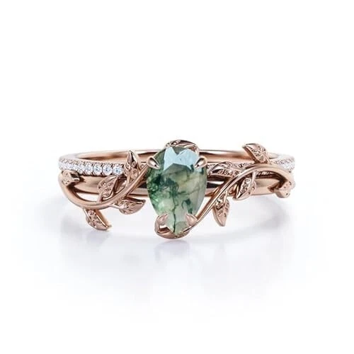 Ágata de musgo pera de 1,25 quilates inspirada en hojas femeninas de ley 925 y moissanita Foto 2 de 4