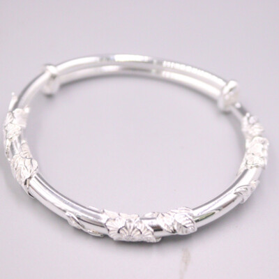 Pure Silver Bangle For Women Hollow Pattern Lotus Fish Pattern