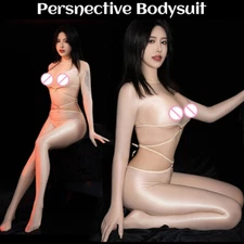 1pcs Oil Golssy One-Piece Shiny Sheer See-through Bandage Jumpsuits Nightwear