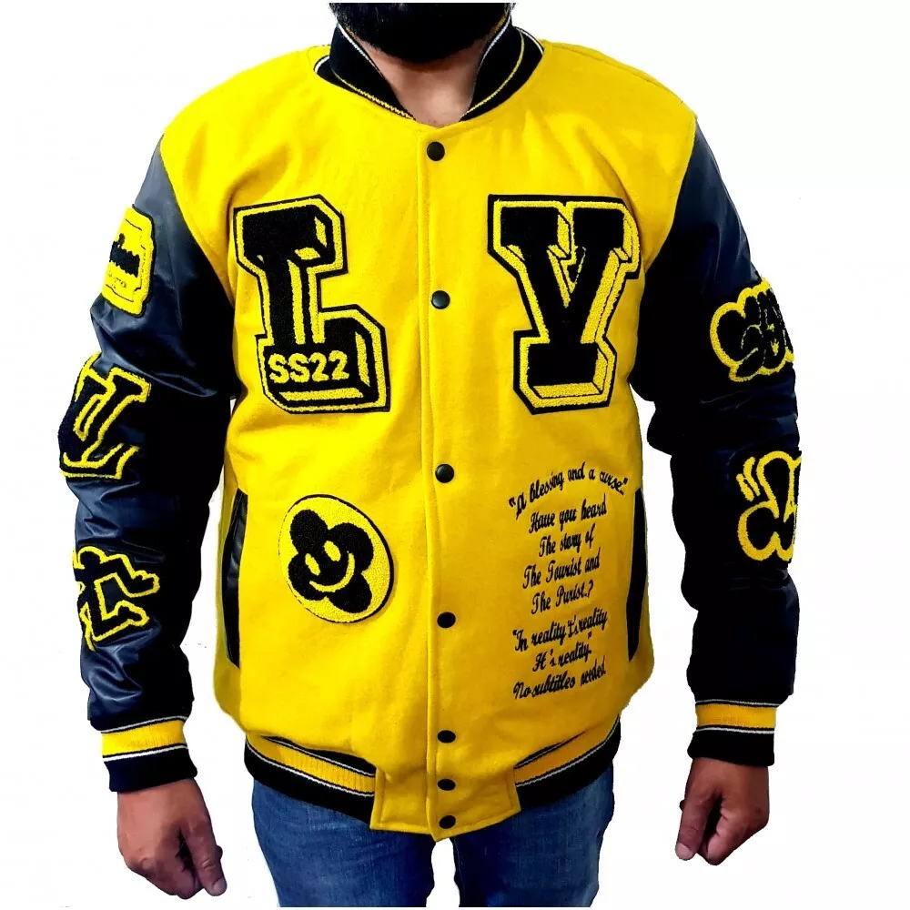 Men's Black And Yellow Wool Leather Varsity Jacket - Just American