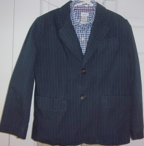 Boys size 7 (3 piece) suit; navy blue striped blazer, checked shirt & khaki pant - Picture 12 of 12