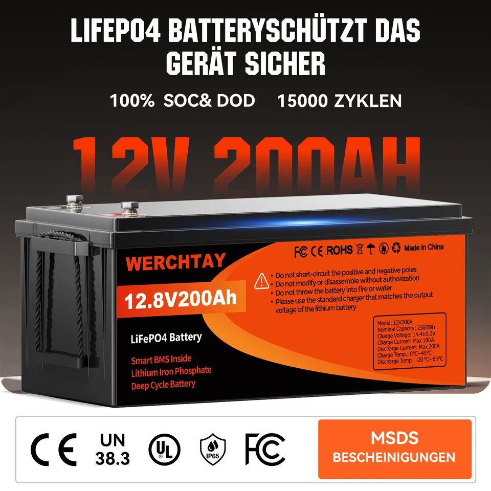 Batteria litio 12V 200Ah LiFePO4 batteria BMS 10000+ cicli camper barca camper - Immagine 2 di 4