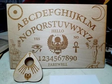 Wooden Ouija Board & Planchette w/ Ancient Egyptian Symbols Engraved On Wood