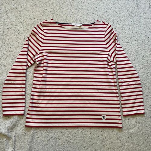 Tory Burch Red White Striped White Trim Top Shirt Cotton Fall Sz M Stained - Foto 1 di 10