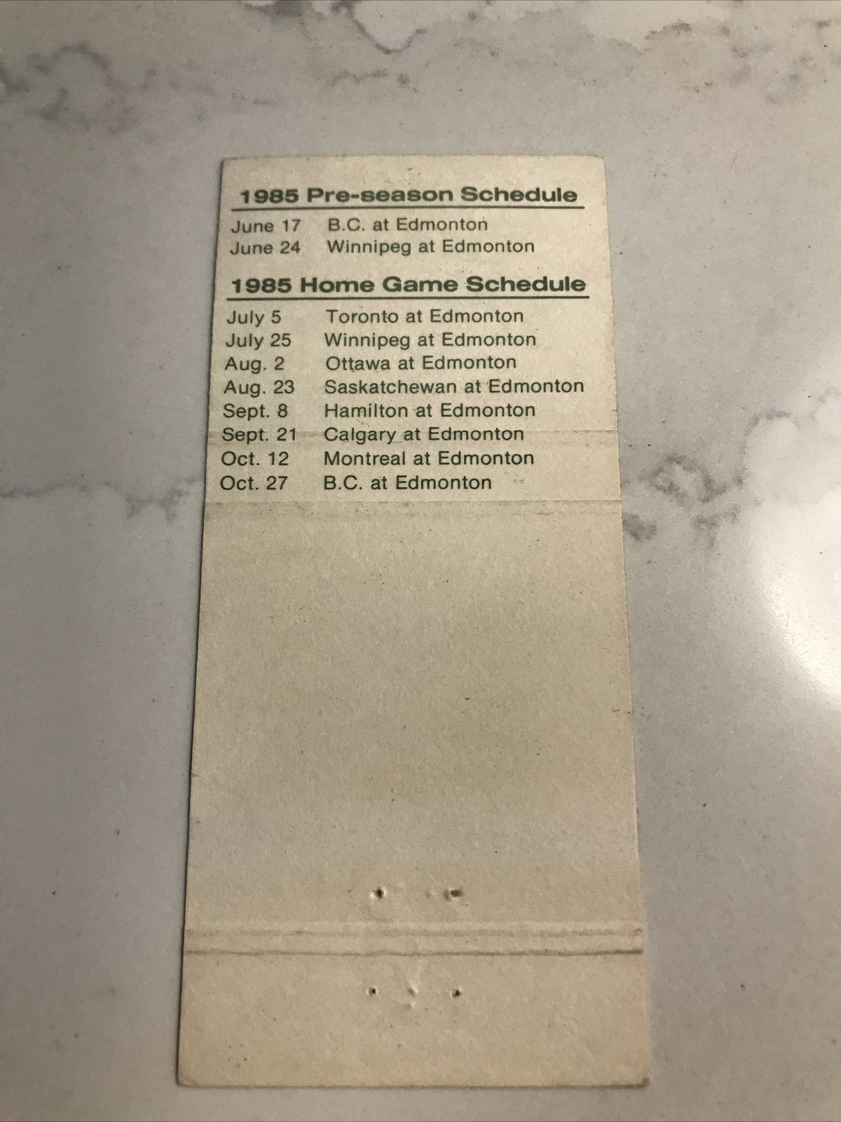 edmonton-eskimos-cfl-football-matchbook-cover-1985-home-schedule-ebay