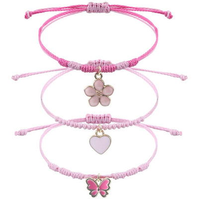 Pack of 3 Girls' Friendship Bracelets, Adjustable Braided Bracelet, Flowers, lov