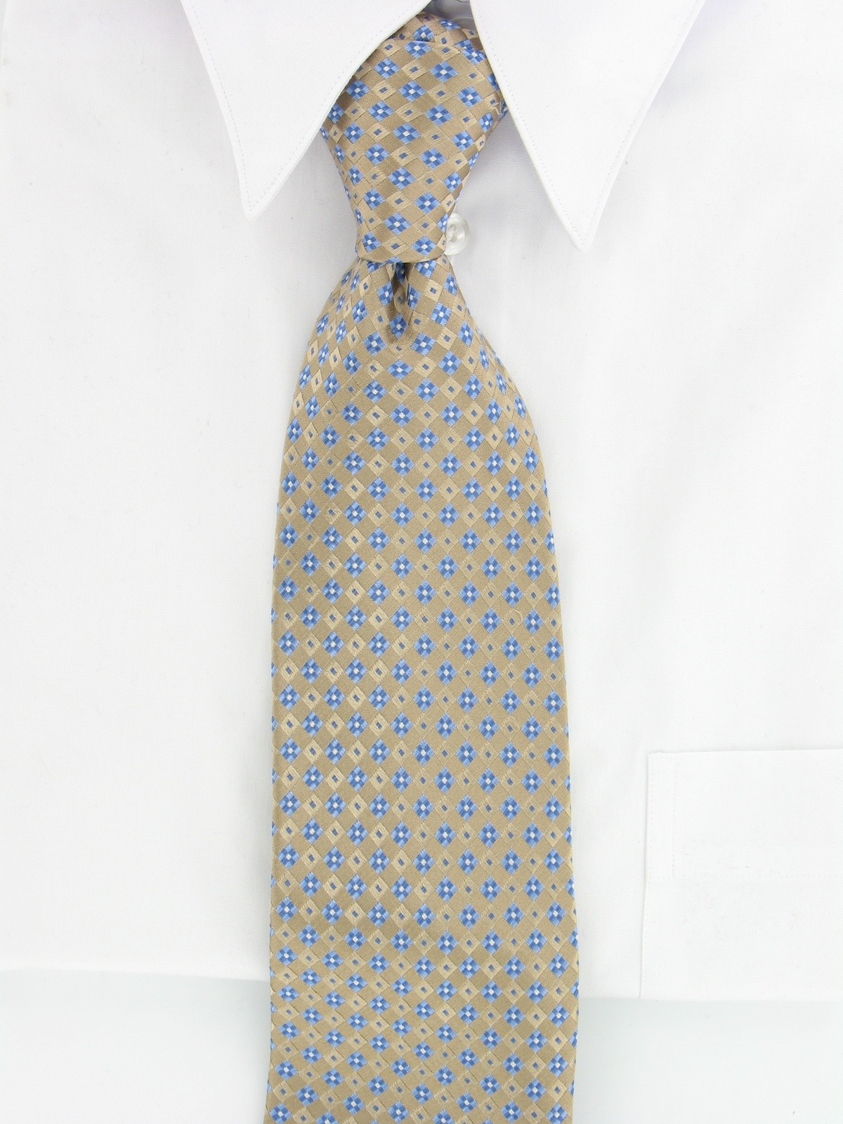 Michael Kors Mens Regular Tie Gold Blue 100percent Silk Diamond Pattern Formal Busines