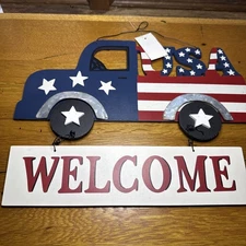 Patriotic  wood & metal PICKUP TRUCK W/ USA Welcome Sigh Wall Door