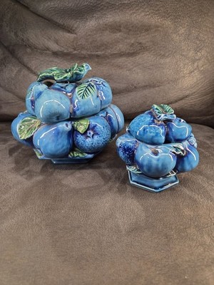 Vintage Inarco Japan Blue Harvest Fruit Relief Lidded Jam Jar & Compote Set...