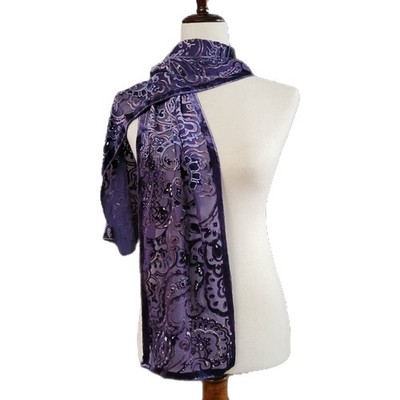 Burnout Scarf  Silk/Rayon Purple Floral & Paisley Rectangle Boho Whimsy Goth