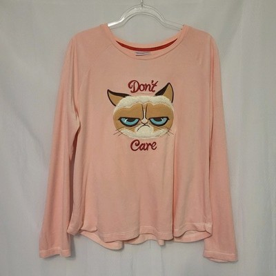 Grumpy Cat Don't Care Wmn's XL Pink Soft Velour Sleep Lounge Top Embroidered 