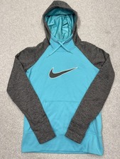 Nike Therma-Fit Hoodie Womens Small Blue Gray Colorblock Fleece Pullover Swoosh