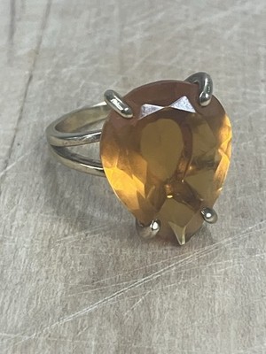 Sterling Silber Ring mit einem großen, facettierten Citrin im Birnenschliff Gr. 10