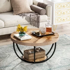 Round Coffee Table, Industrial 2-Tier Circle Coffee Table with Storage Shelves