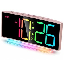 Modern Curved Cute Digital Alarm Clock Colorful LED Adjustable Volume Pink