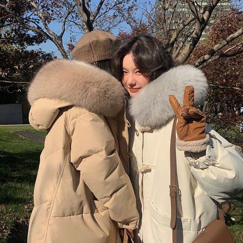 Women Down Jacket Mid Length Fashion Fur Collar Korean Thicken Loose Warm Jacket - Image 4 of 4