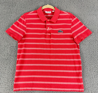 Lacoste Polo Shirt Men Medium Orange Stripe Regular Fit Short Sleeve Cotton