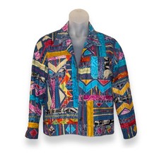 Vintage Chicos Design Y2K Silk Patchwork Denim Jacket Size 2 L Blue Wearable Art