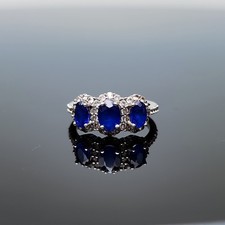 925 Sterling Silver Ring Sz 8 Blue Gemstone Oval 3-Stone Halo Cocktail