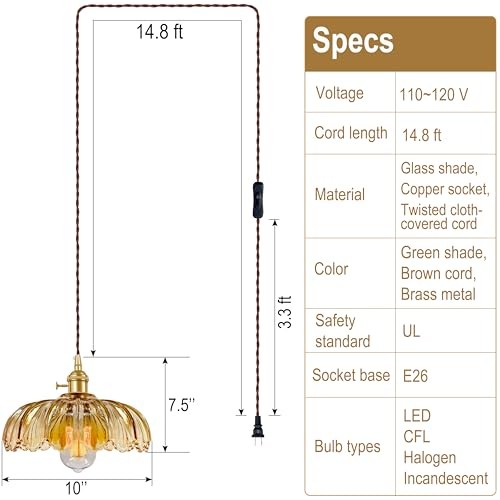 Pendelleuchte, Hängeleuchte, Glas Pendelleuchte steckbar Bernstein Lotus - Bild 2 von 7