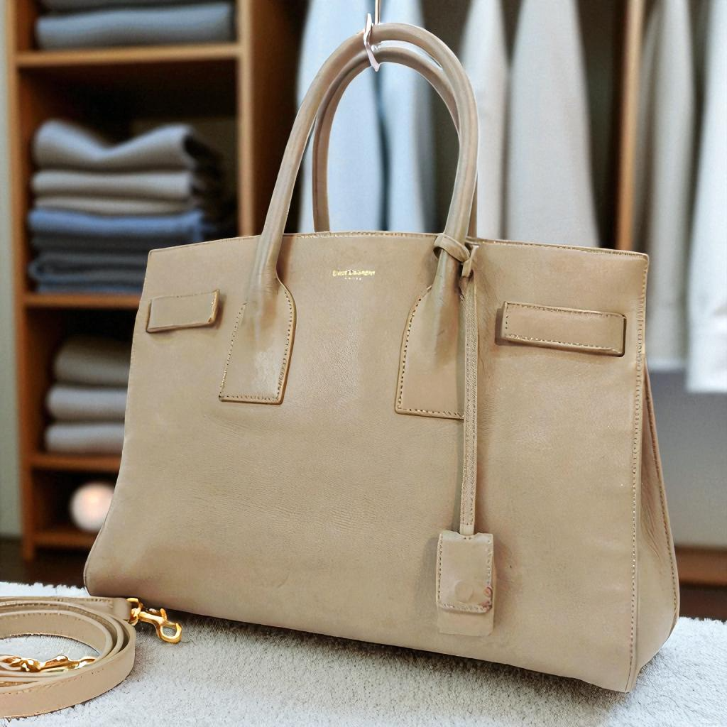 Autentica borsa Saint Laurent Sac du Jour tracolla a 2 vie pelle beige
