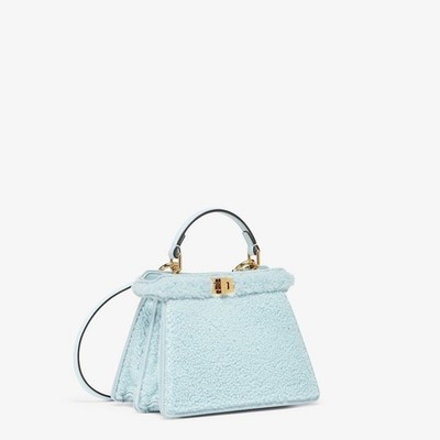 FENDI Peekaboo Mutton Fur + Lamb Leather Blue Powder Sugar + Soft Gold Mini NWT!